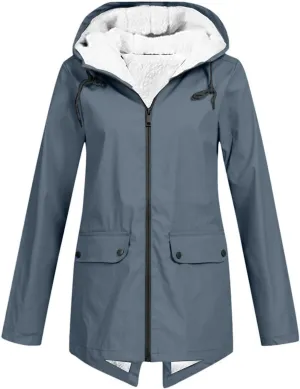 Lmdudan Rain Jacket for Womens Waterproof with Hood Fleece Solid Color Lined Raincoat Lightweight Outdoor Windbreaker Jackets