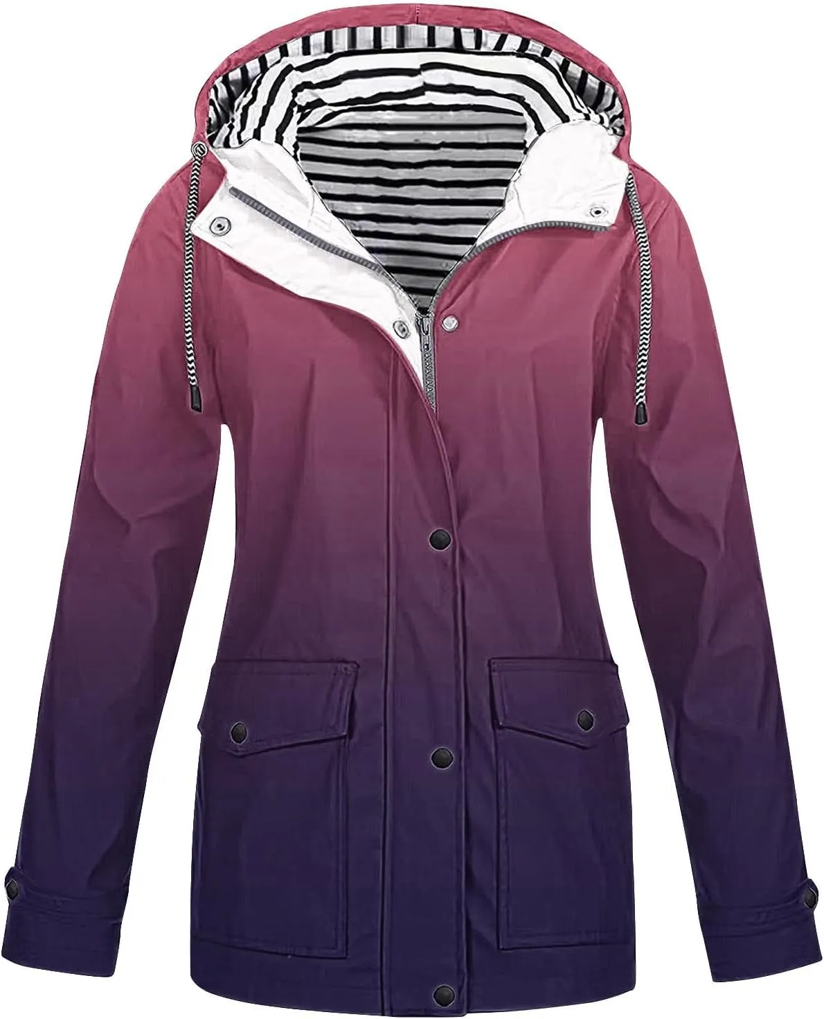Lmdudan Women Rain Jacket with Hood Gradient Waterproof Lightweight Raincoat Zip Up Travel Hiking Windbreaker Outdoor Coats