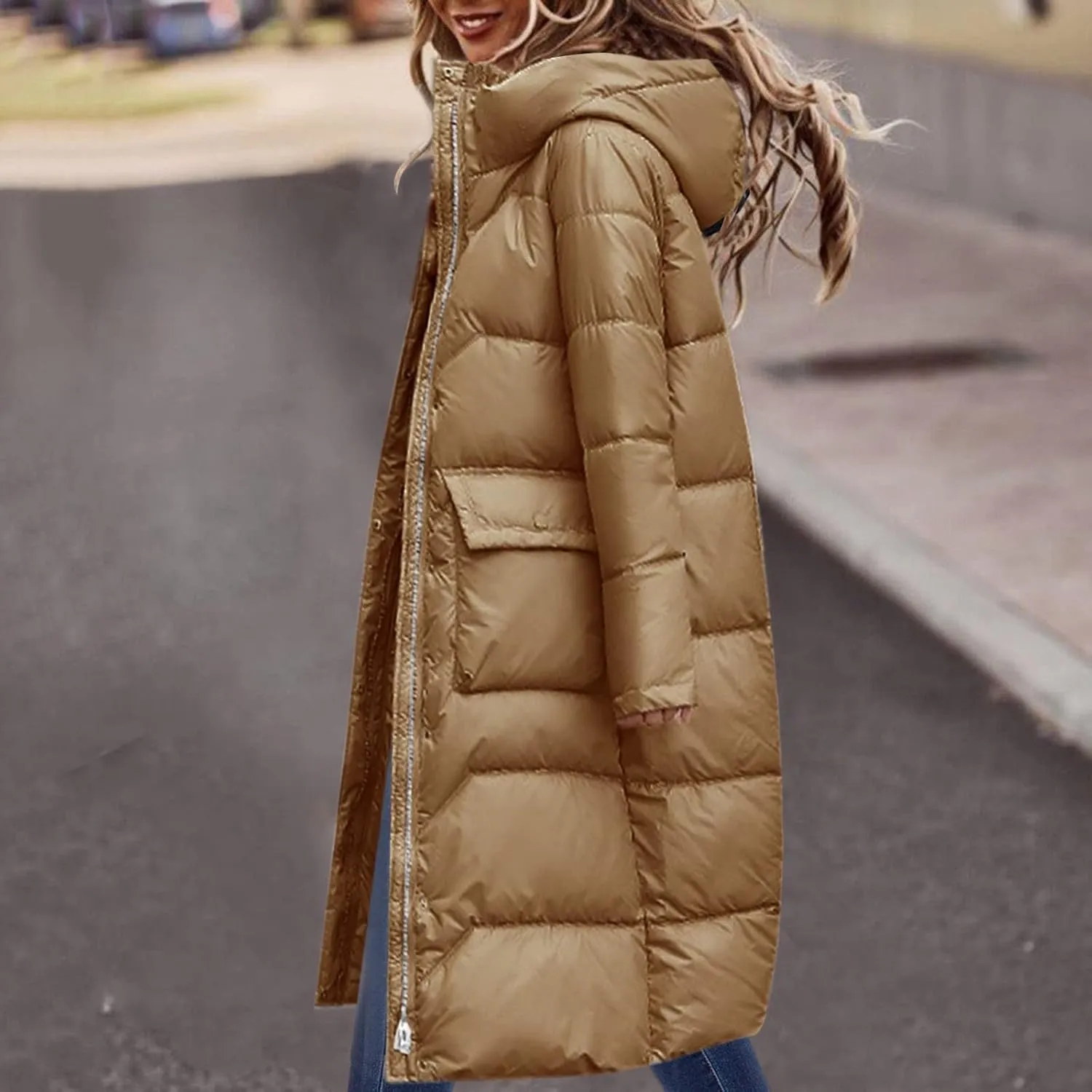 Long Puffer Jacket Women Packable Down Coat Lightweight Parkas Jacket Oversized Water-Resistant Winter Hooded Insulated Coat