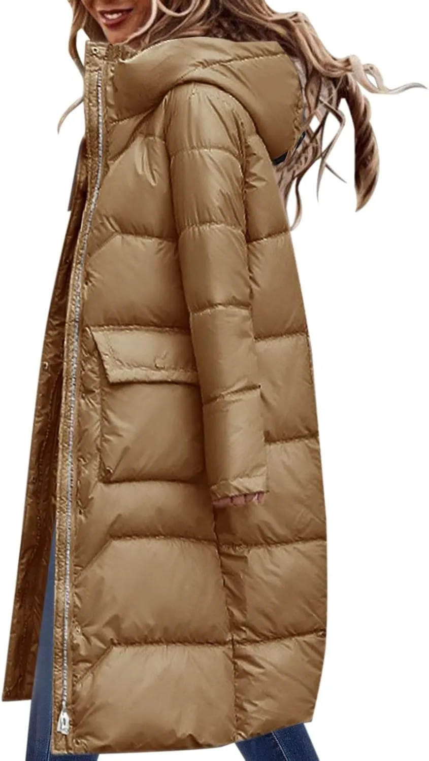 Long Puffer Jacket Women Packable Down Coat Lightweight Parkas Jacket Oversized Water-Resistant Winter Hooded Insulated Coat