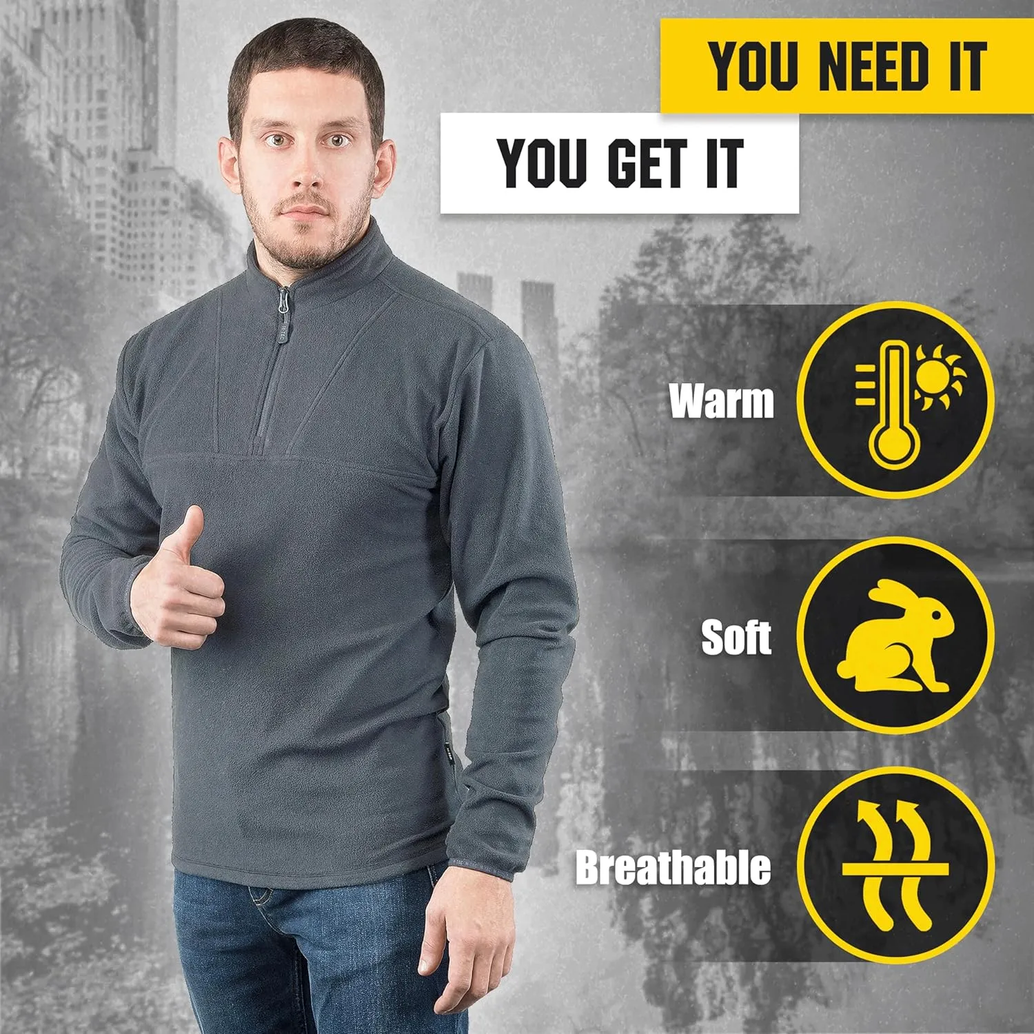 M-Tac Quarter Zip Pullover Men - Fleece Lined Thermal Shirt for Men - Lightweight Tactical Long Sleeve Shirt Top Delta