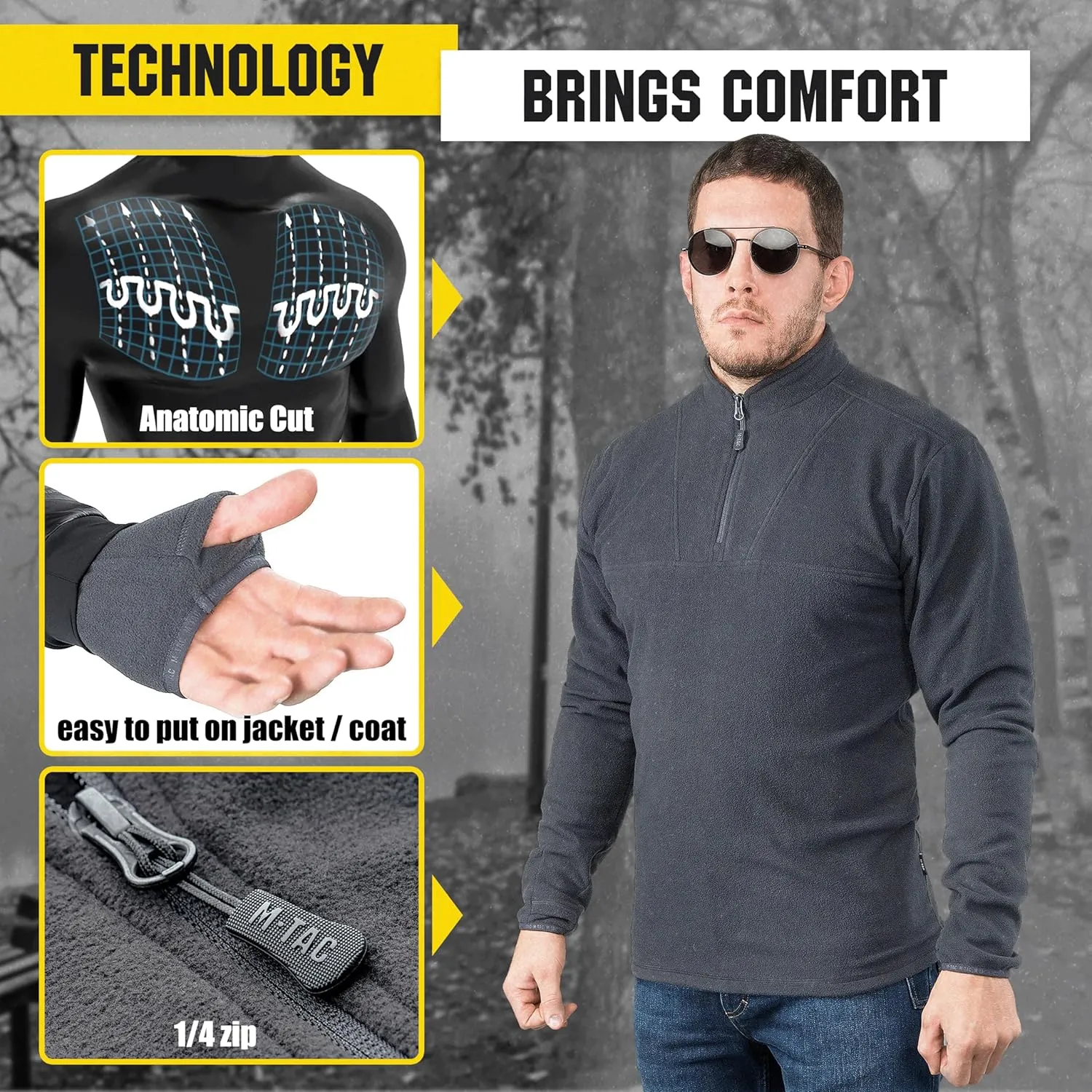 M-Tac Quarter Zip Pullover Men - Fleece Lined Thermal Shirt for Men - Lightweight Tactical Long Sleeve Shirt Top Delta