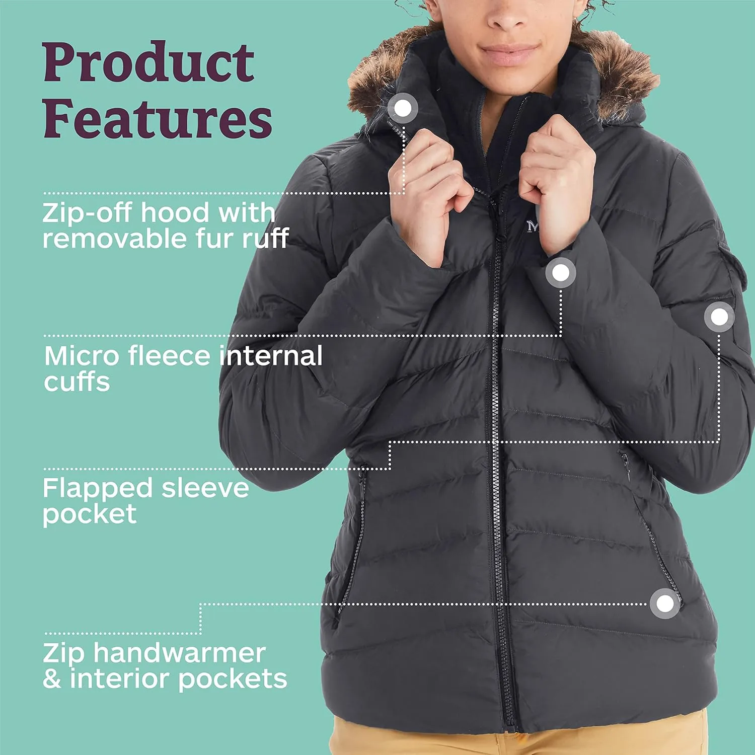 MARMOT Women's Ithaca Jacket - 700-Fill Down-Insulated, Water-Resistant Coat with Zip-Off Hood and Removable Fur Ruff