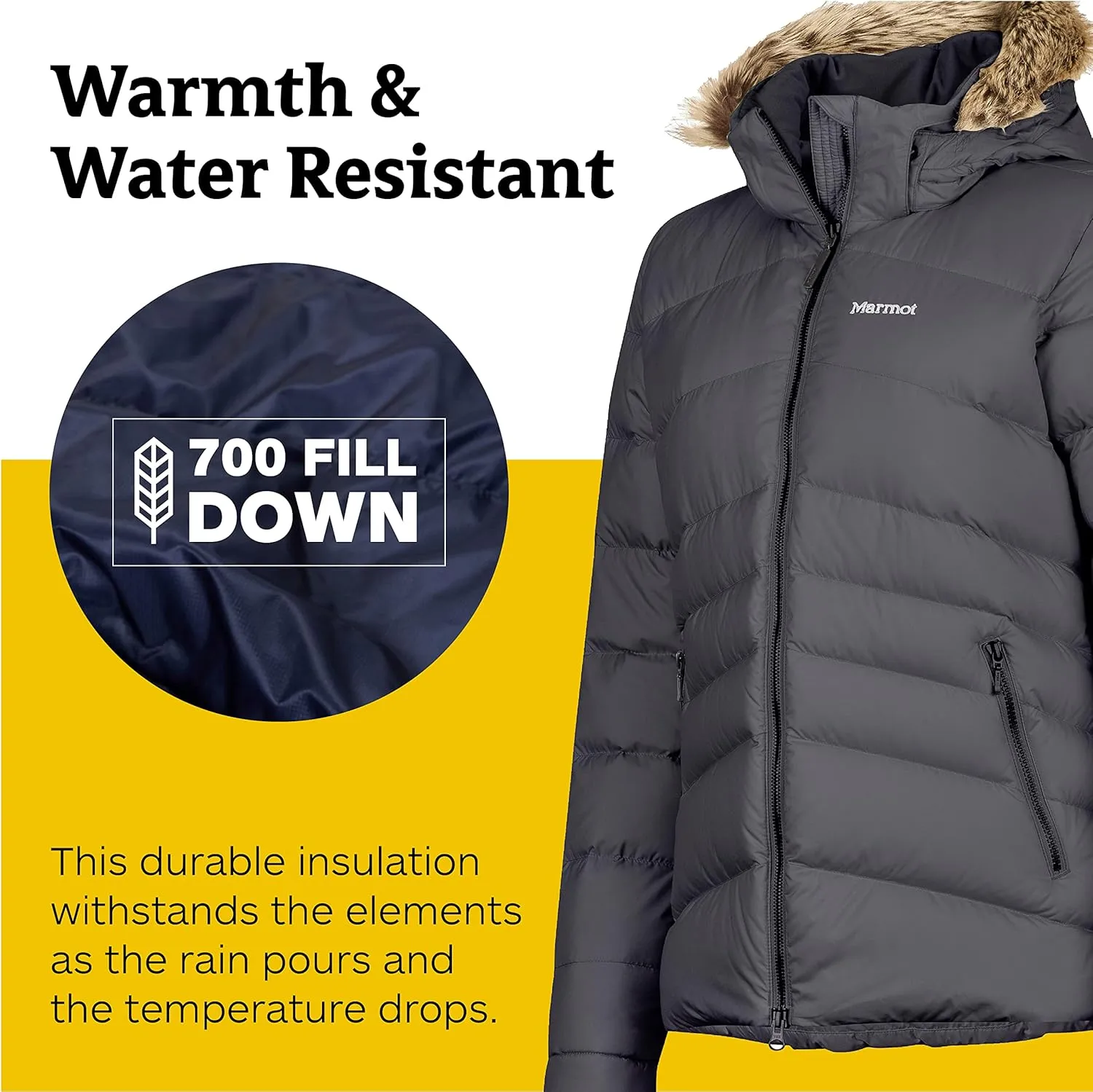 MARMOT Women's Ithaca Jacket - 700-Fill Down-Insulated, Water-Resistant Coat with Zip-Off Hood and Removable Fur Ruff