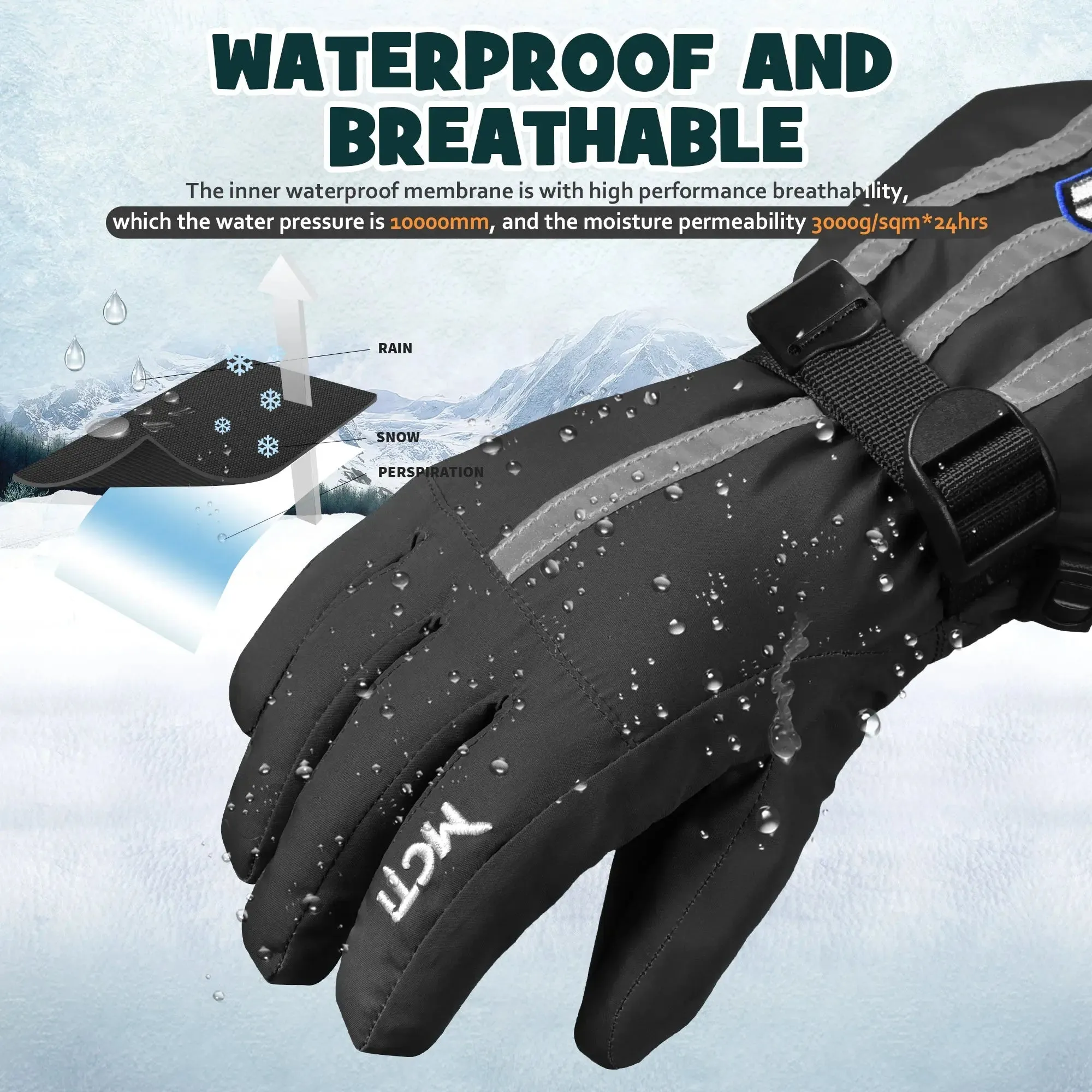 MCTi Kids Waterproof Ski Gloves With Polar Fleece - Easy On & Off (3-12 Years)