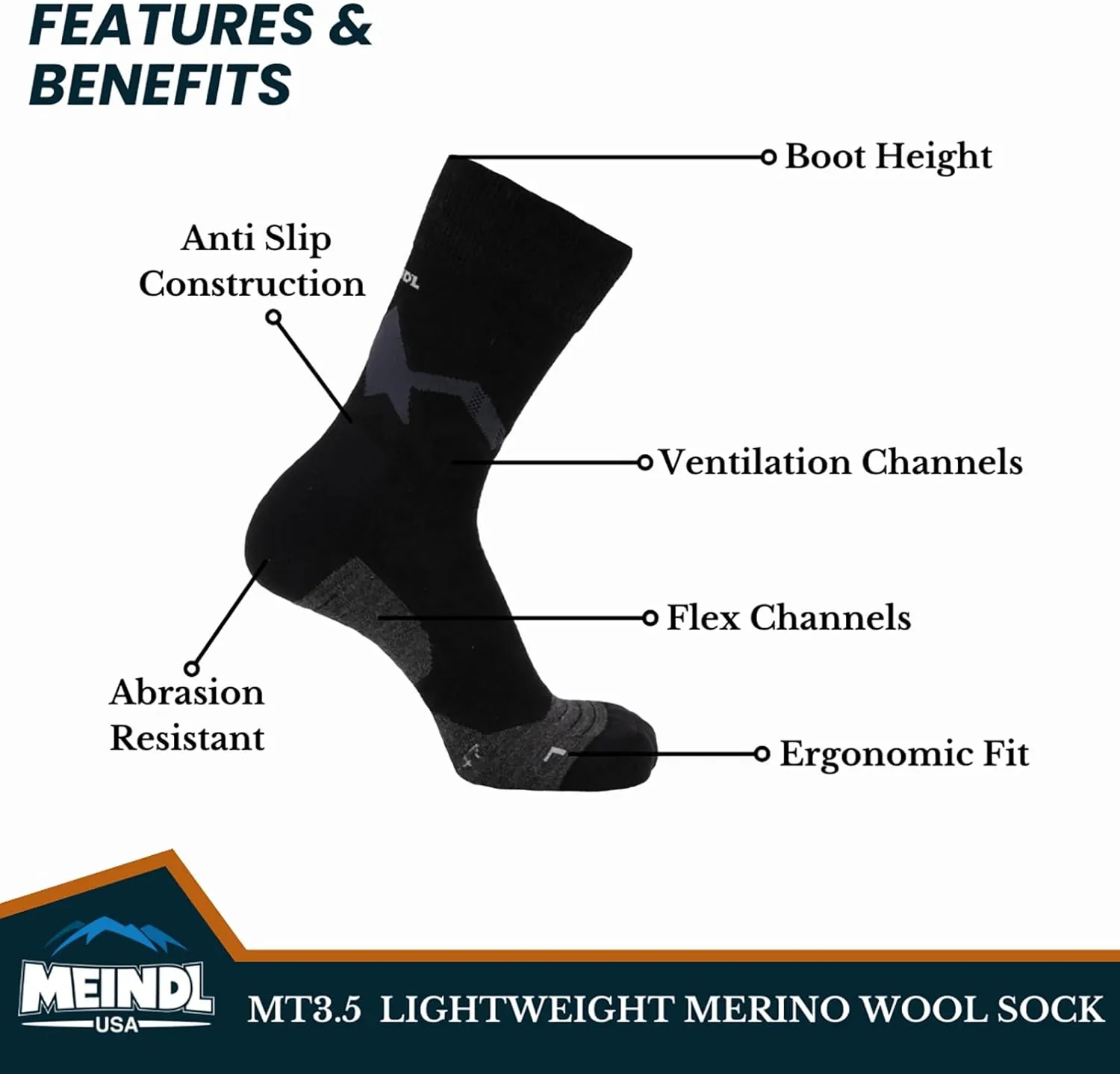 Meindl Men's MT3.5 Lightweight Boot Socks | Hiking | Backpacking | Hunting | Made in Italy, Charcoal