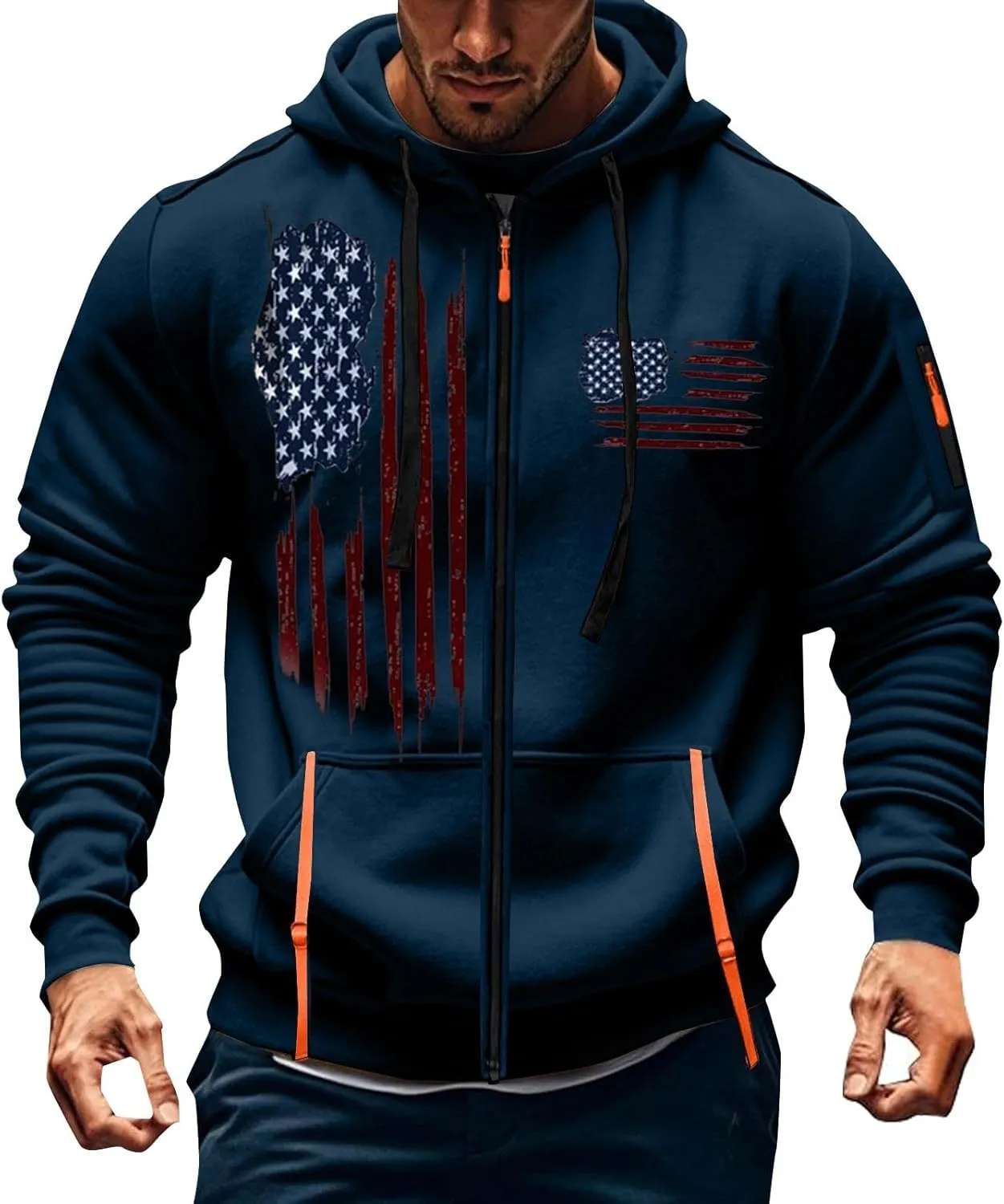 Men Hoodie with Zipper Novelty America Flag Print Sweatshirt Oversize Casual Warm Thick Jacket Outerwear Big and Tall
