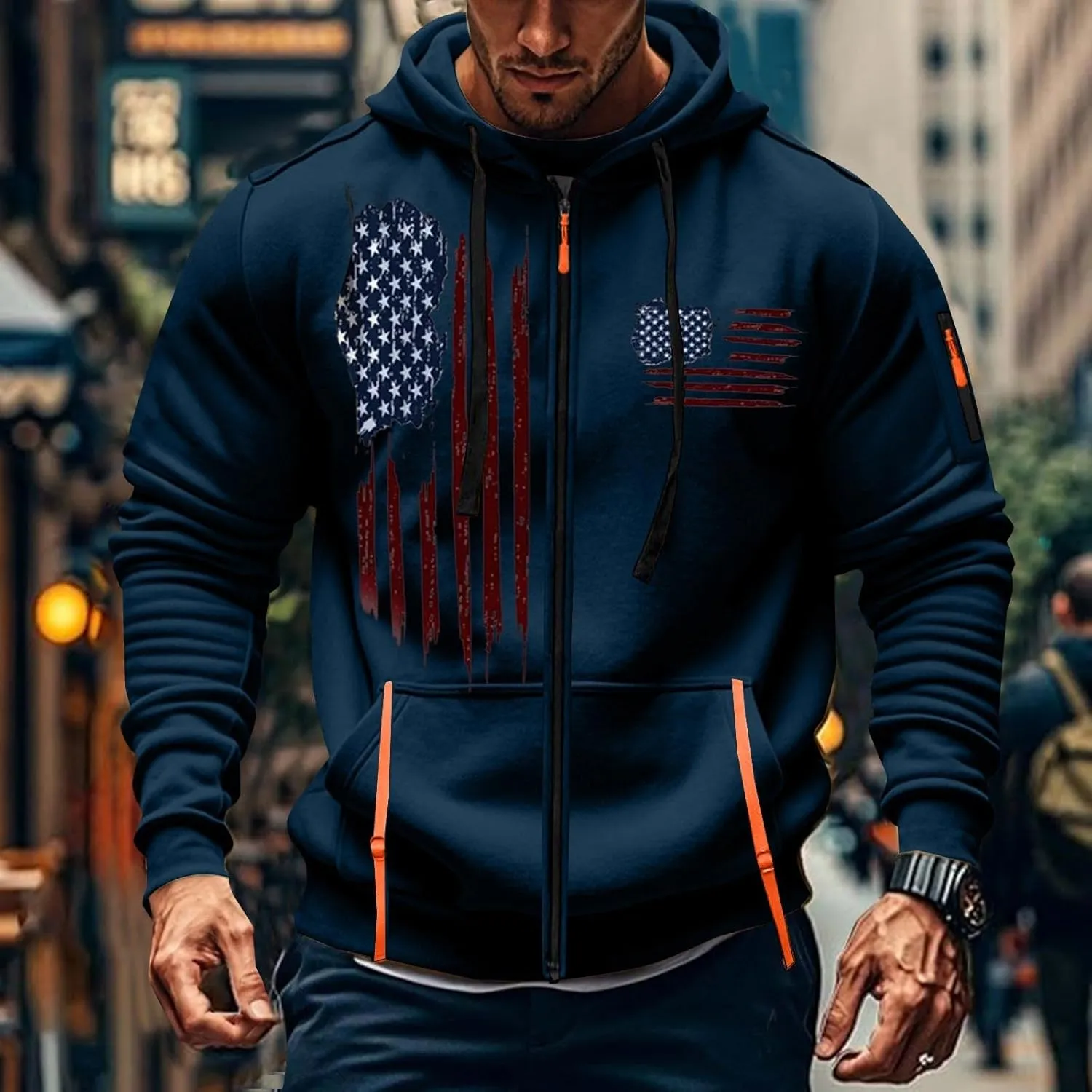 Men Hoodie with Zipper Novelty America Flag Print Sweatshirt Oversize Casual Warm Thick Jacket Outerwear Big and Tall