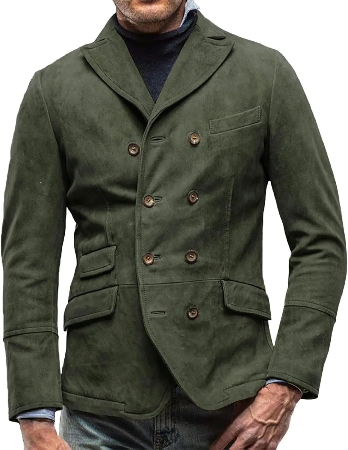 Men Plus Size Blazer Jacket Slim Fit Notched Collar Double Breasted Faux Leather Jacket Winter Warm Thick Trench Coat