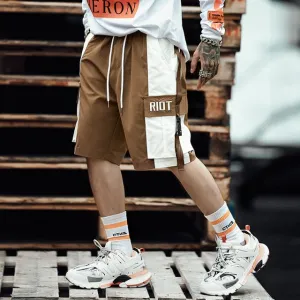 Men Streetwear Khaki Sweatshorts 2021 Summer Men Shorts Color Block Belt Korean Fashion Joggers Shorts Cargo Shorts