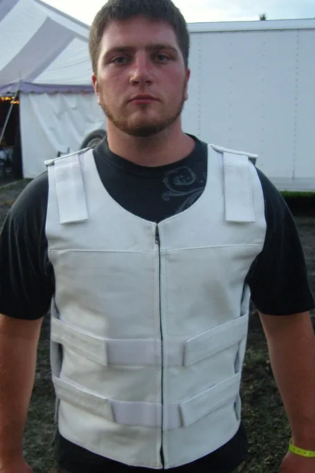 Men White Bullet proof style leather vest for bikers club