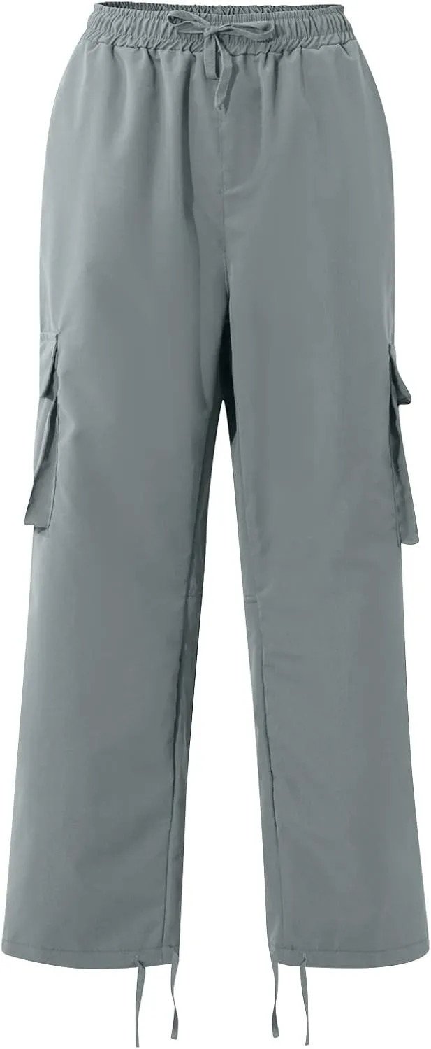Mens Cargo Pants Casual Drawstring Waist Parachute Pants Baggy Outdoor Adjustable Hiking Pants with Multi Pockets