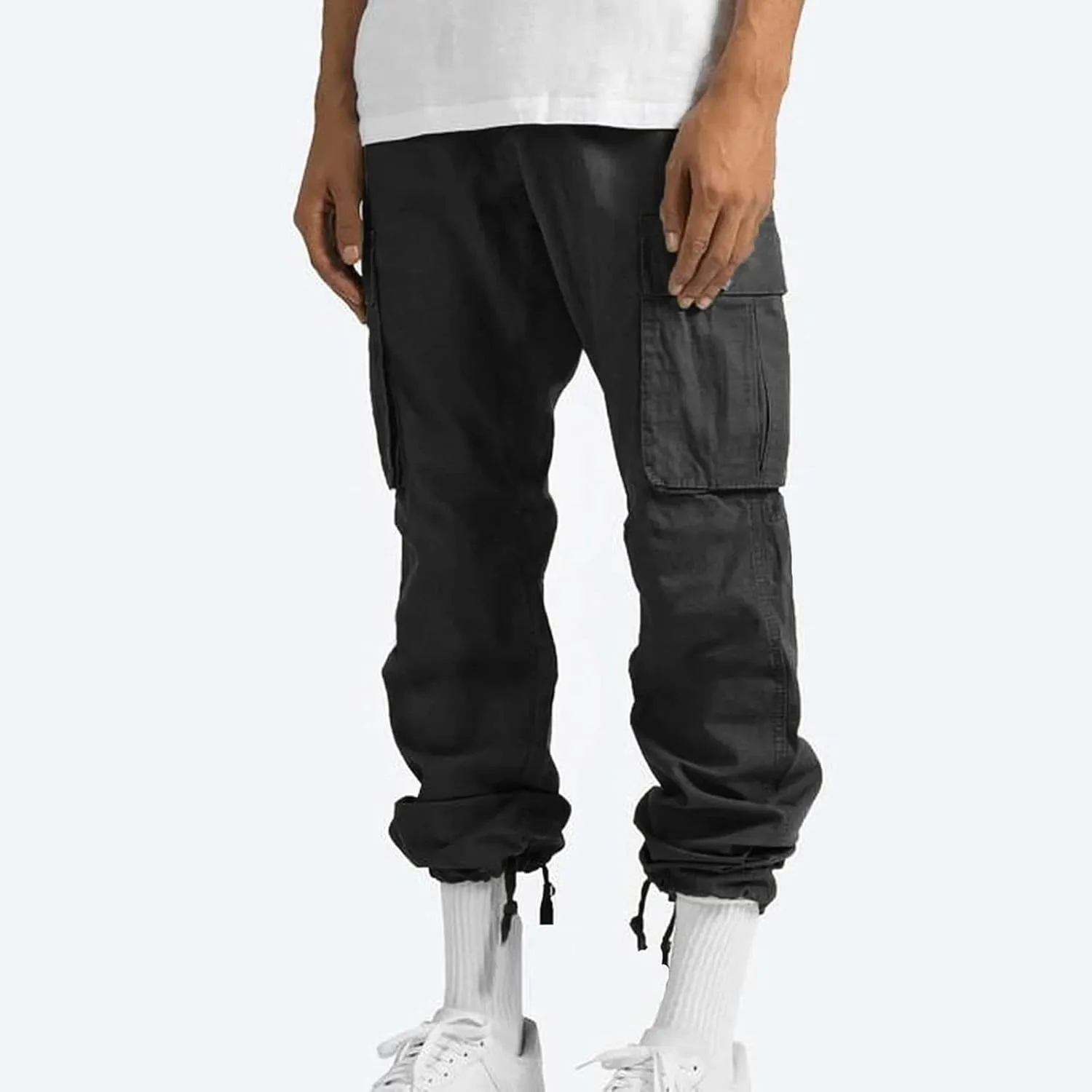 Mens Cargo Pants Casual Drawstring Waist Parachute Pants Baggy Outdoor Adjustable Hiking Pants with Multi Pockets
