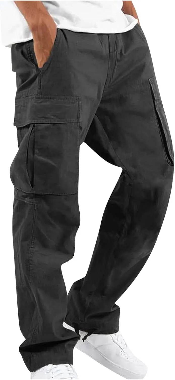 Mens Cargo Pants Casual Drawstring Waist Parachute Pants Baggy Outdoor Adjustable Hiking Pants with Multi Pockets