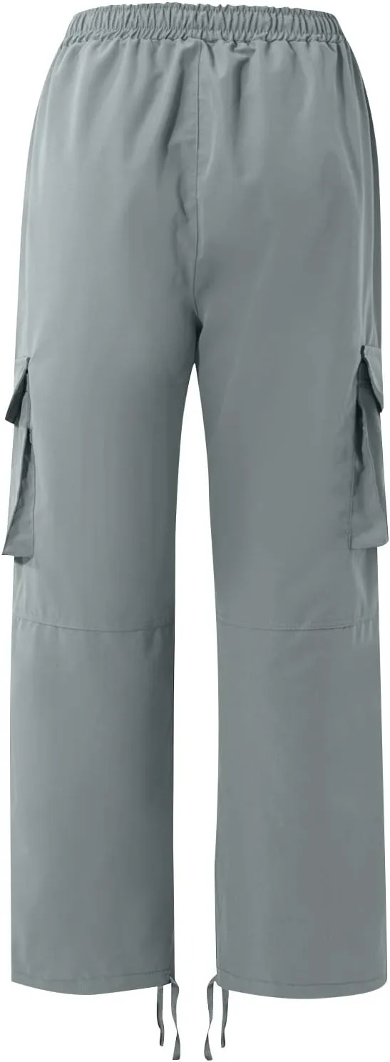Mens Cargo Pants Casual Drawstring Waist Parachute Pants Baggy Outdoor Adjustable Hiking Pants with Multi Pockets