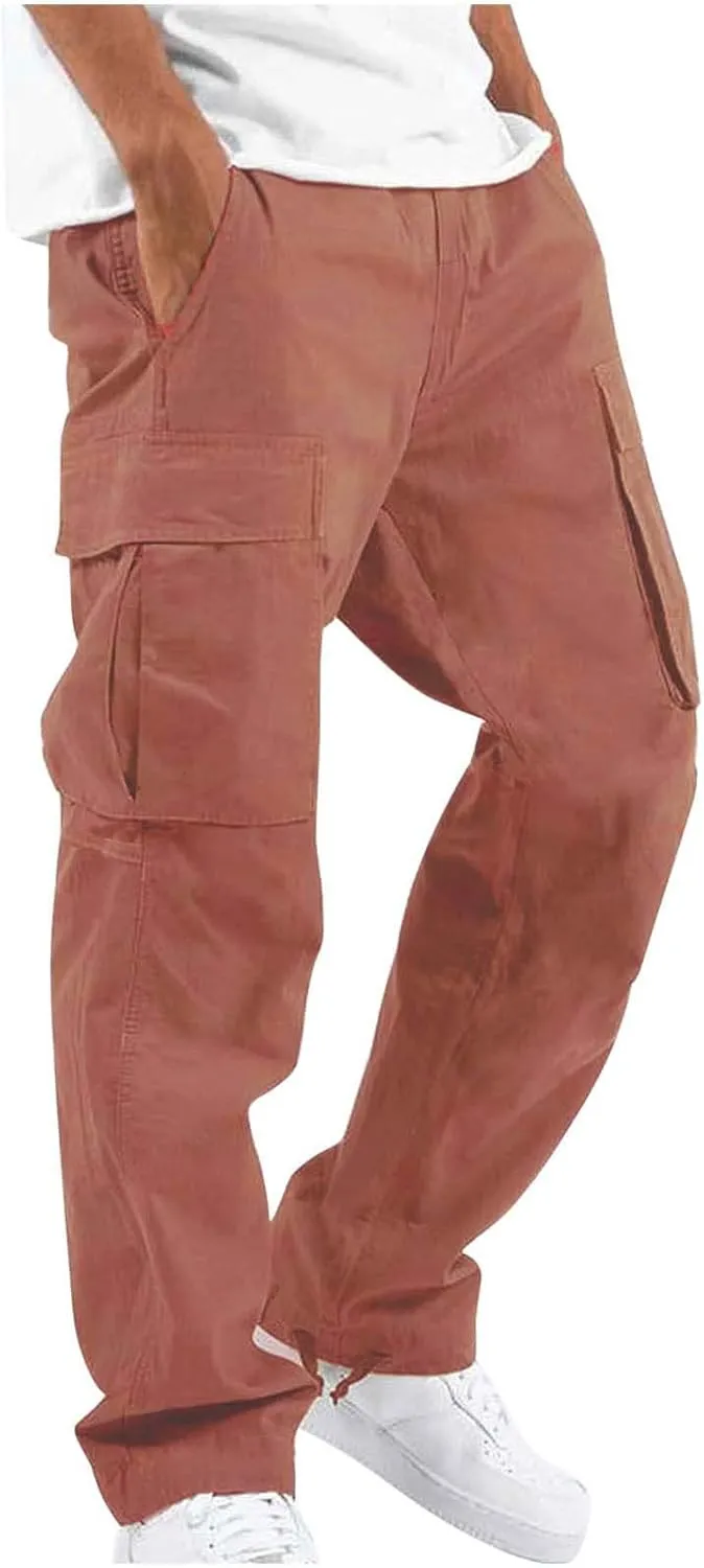 Mens Cargo Pants Casual Drawstring Waist Parachute Pants Baggy Outdoor Adjustable Hiking Pants with Multi Pockets