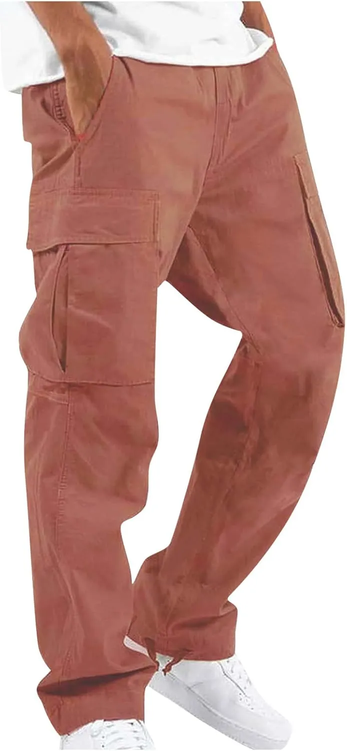 Mens Cargo Pants Casual Drawstring Waist Parachute Pants Baggy Outdoor Adjustable Hiking Pants with Multi Pockets