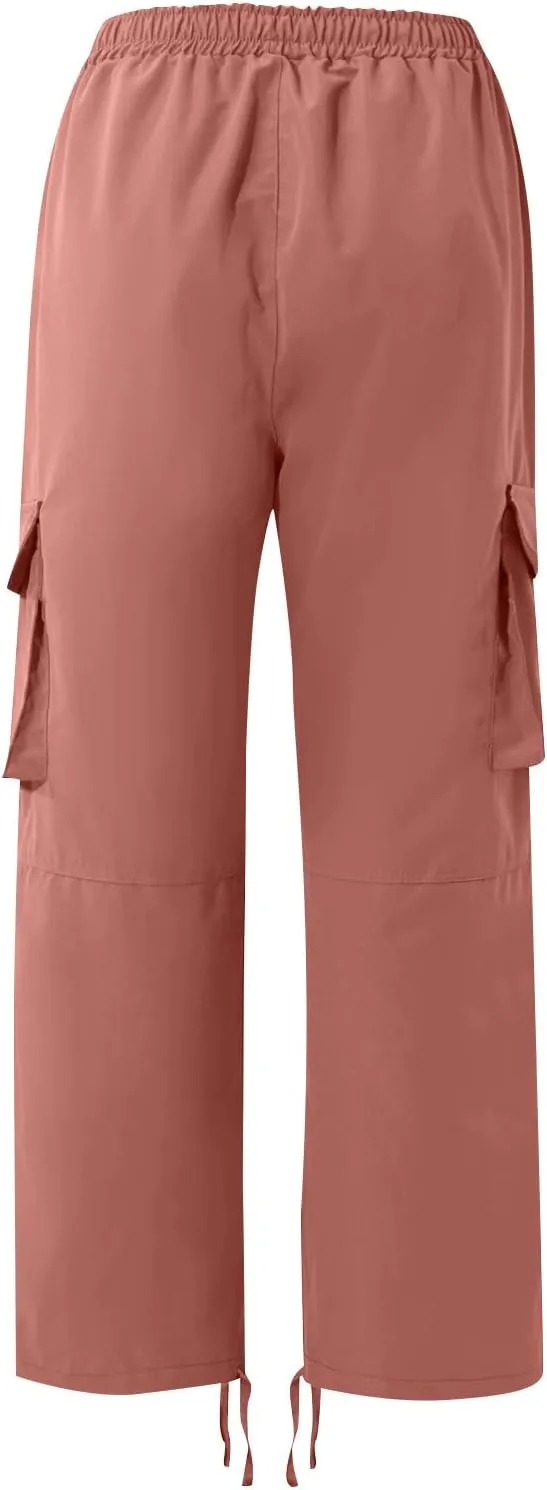 Mens Cargo Pants Casual Drawstring Waist Parachute Pants Baggy Outdoor Adjustable Hiking Pants with Multi Pockets
