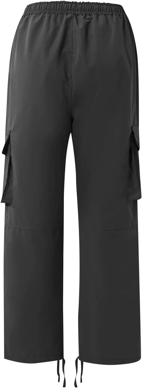 Mens Cargo Pants Casual Drawstring Waist Parachute Pants Baggy Outdoor Adjustable Hiking Pants with Multi Pockets