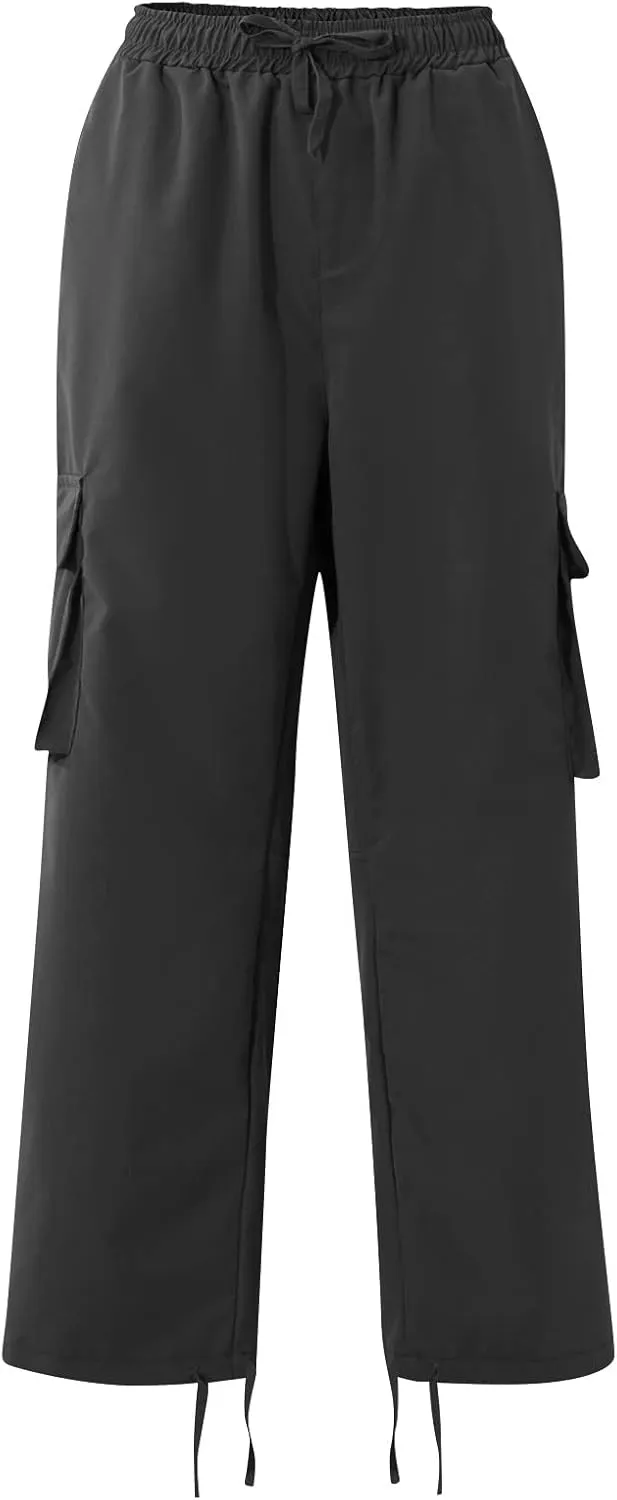 Mens Cargo Pants Casual Drawstring Waist Parachute Pants Baggy Outdoor Adjustable Hiking Pants with Multi Pockets