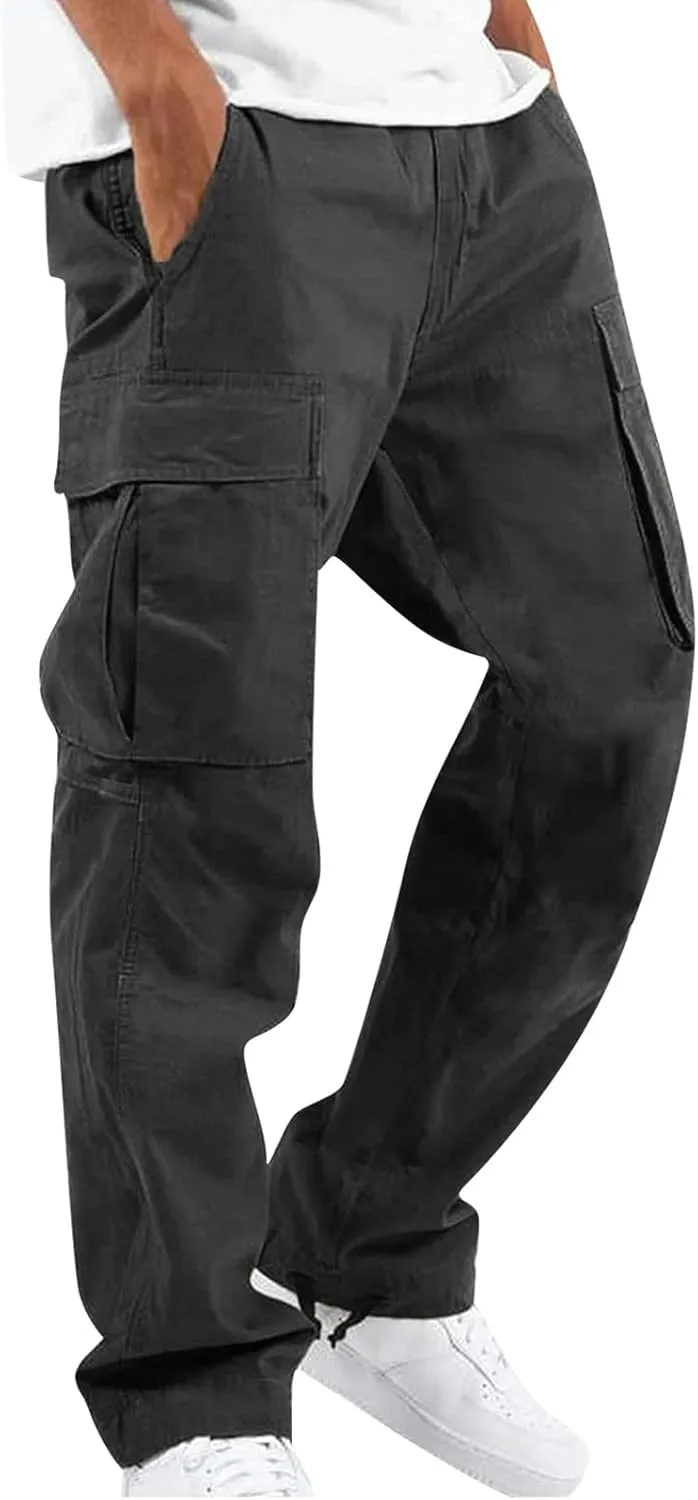 Mens Cargo Pants Casual Drawstring Waist Parachute Pants Baggy Outdoor Adjustable Hiking Pants with Multi Pockets