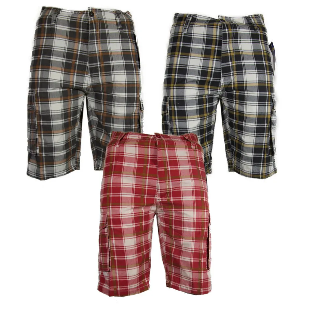 Men's Cargo Shorts Plaid Checkered Lightweight Multi Pocket Casual Button Shorts