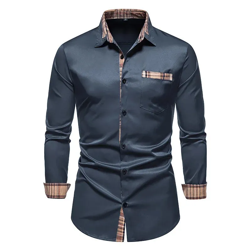 Men's Casual Checkered Long Sleeve Splice Shirt