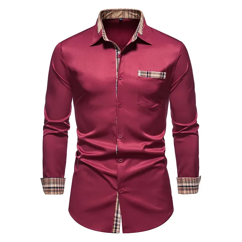 Men's Casual Checkered Long Sleeve Splice Shirt