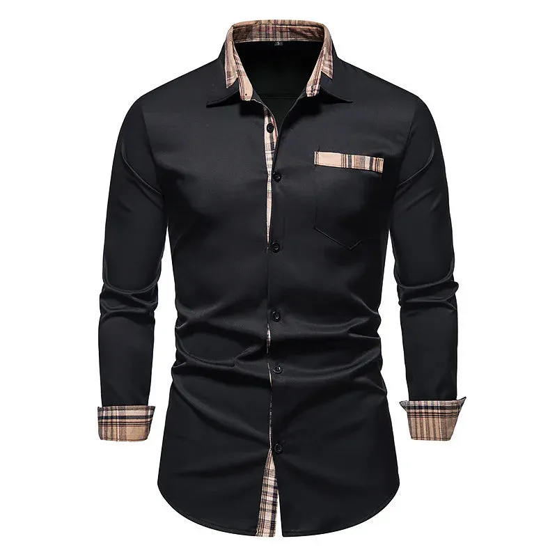 Men's Casual Checkered Long Sleeve Splice Shirt