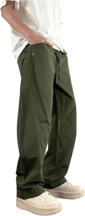 Men's Casual Drawstring Elastic Waist Wide Leg Pants Outdoor Hiking Workout Gym Athletic Trousers with Pockets