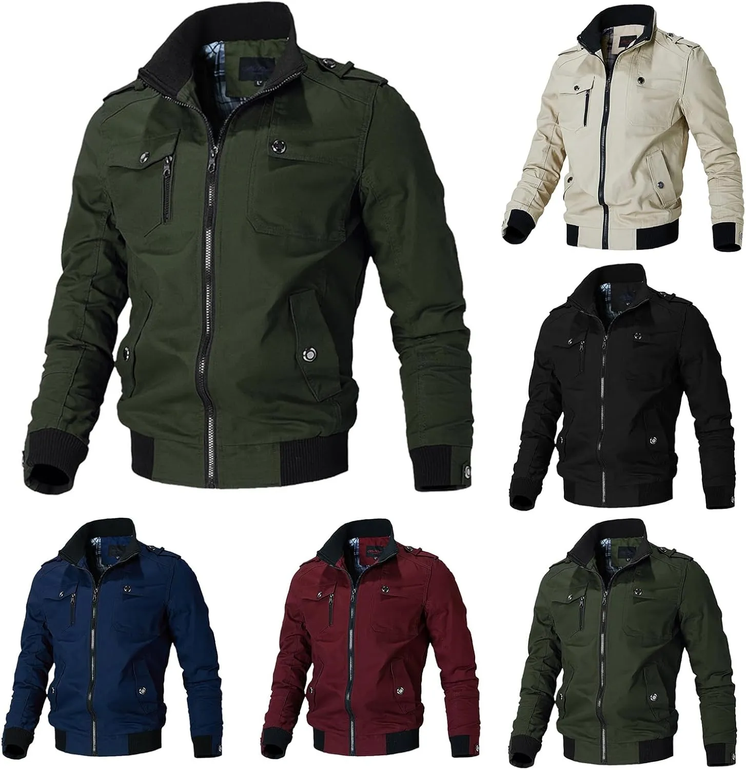 Men's Casual Military Jacket Cargo Stand Collar Bomber Jackets Spring Fall Zipper Windbreaker Lightweight Tactical Coat