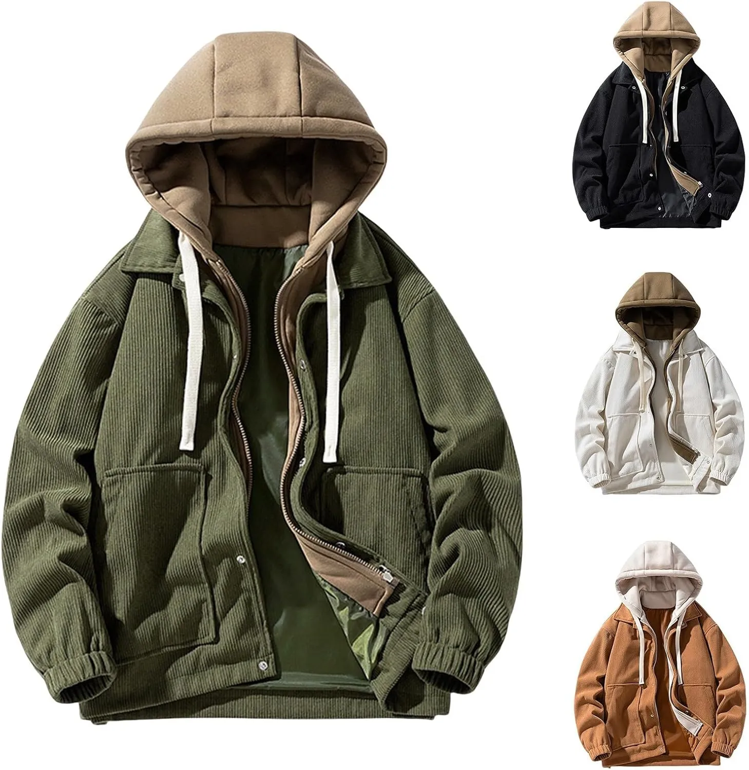 Mens Corduroy Jacket Hooded Thicken Fleece Warm Winter Coats Fake Two-Piece Zipper Drawstring Fashion Thermal Outwear