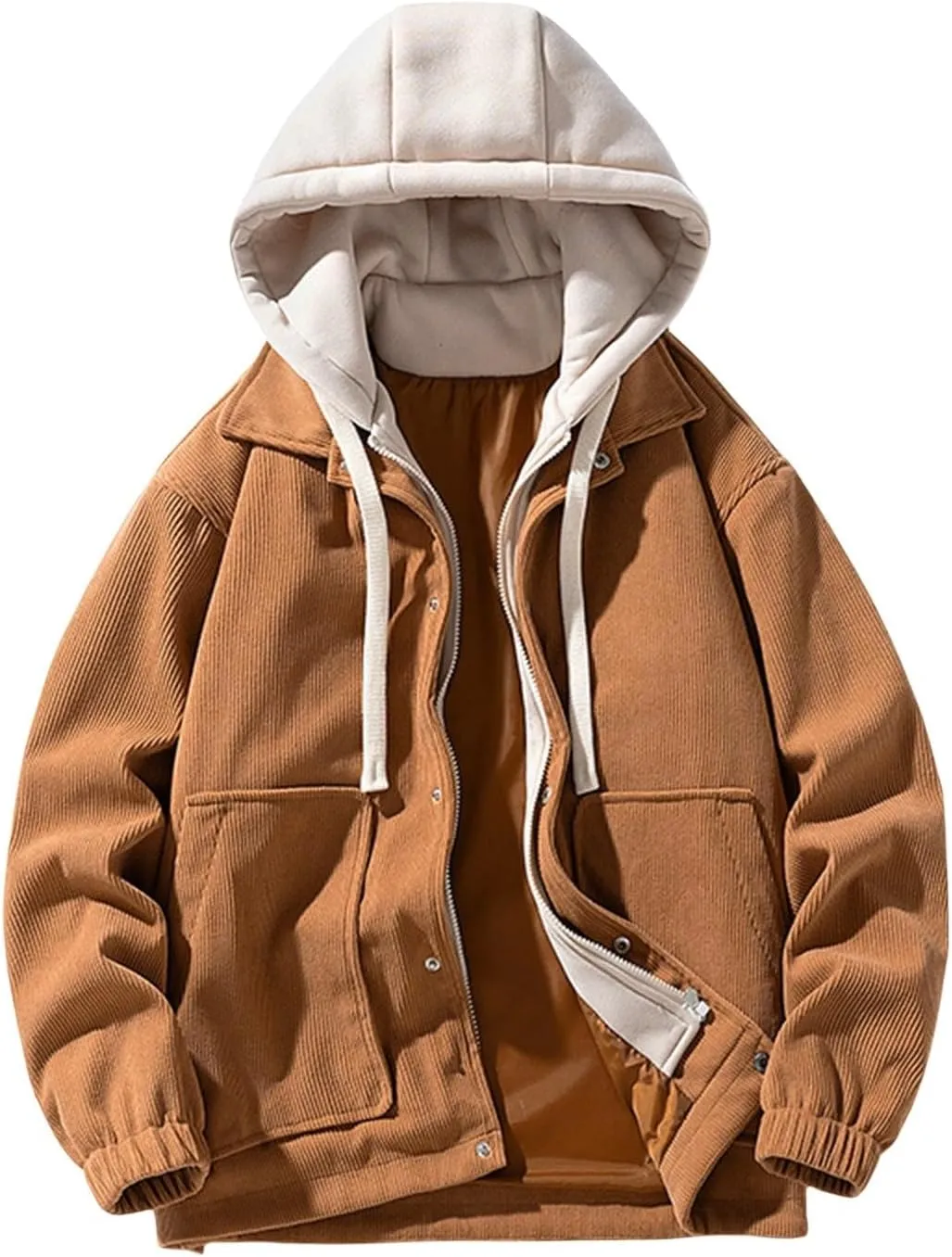 Mens Corduroy Jacket Hooded Thicken Fleece Warm Winter Coats Fake Two-Piece Zipper Drawstring Fashion Thermal Outwear