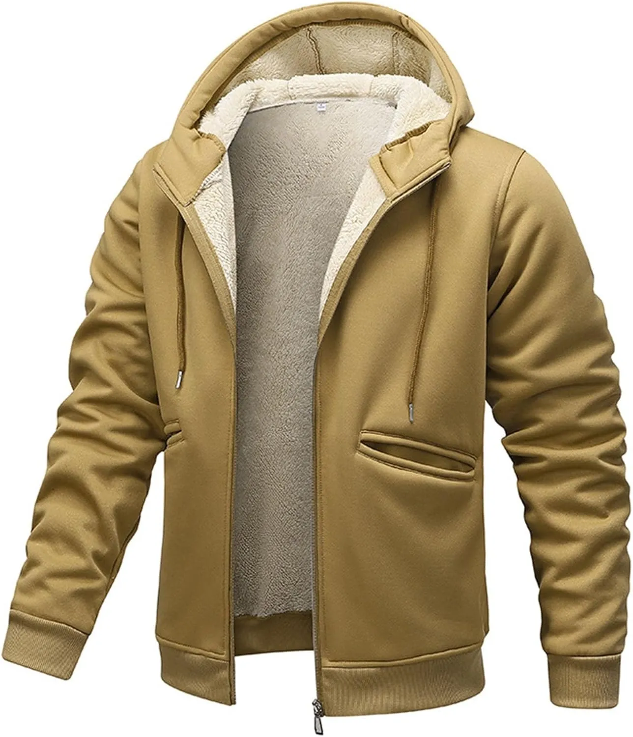 Men's Fall Winter Sherpa Coat Fleece Lined Long Sleeve Zip Up Outerwear Casual Warm Solid Drawstring Hooded Jacket