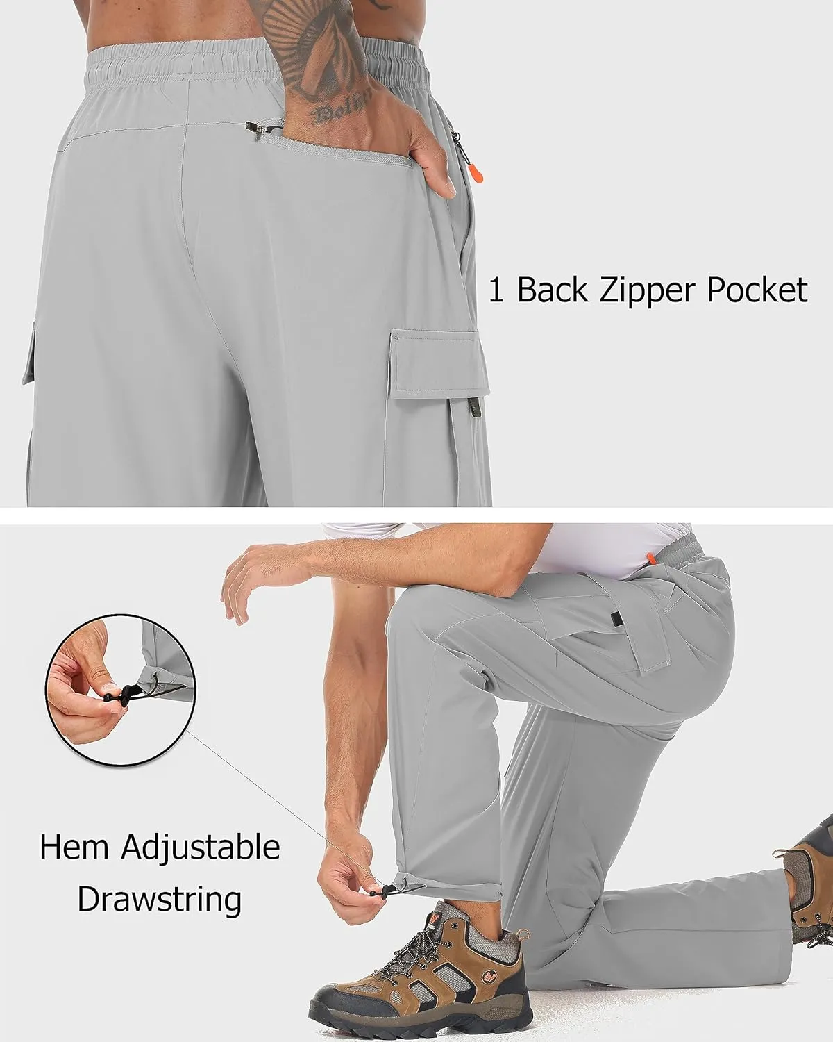 Mens Hiking Cargo Pants Lightweight Quick Dry Athletic Zipper Pockets Outdoor Pants