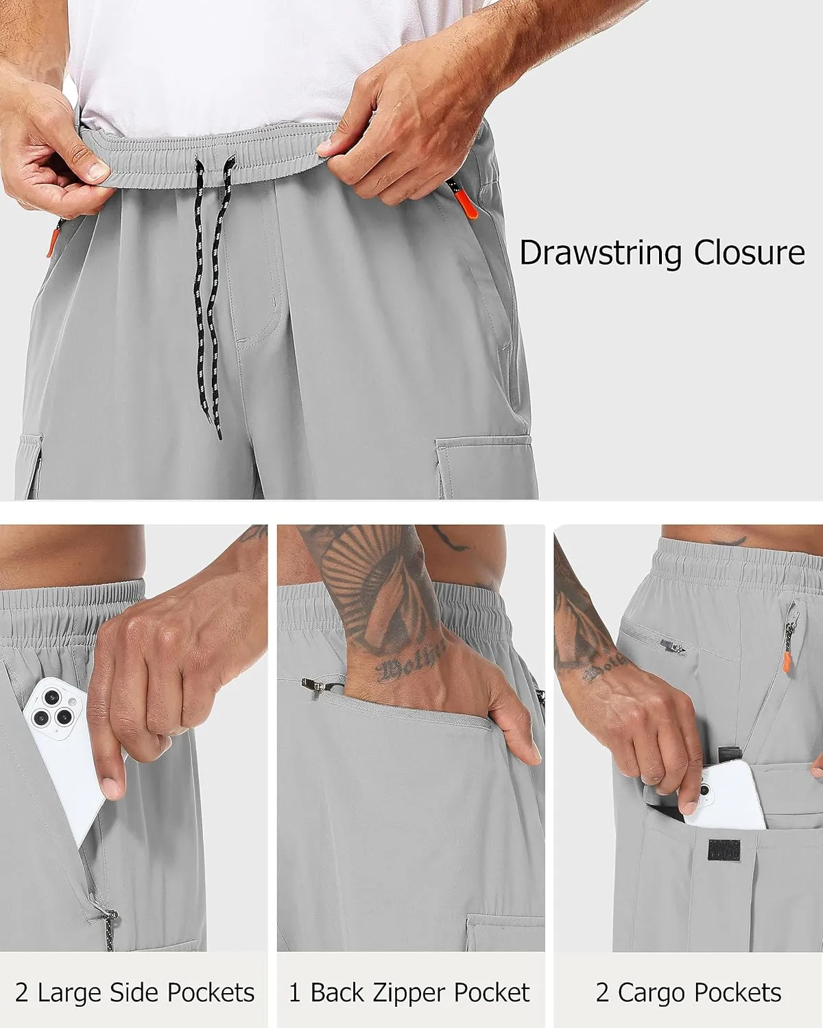 Mens Hiking Cargo Pants Lightweight Quick Dry Athletic Zipper Pockets Outdoor Pants
