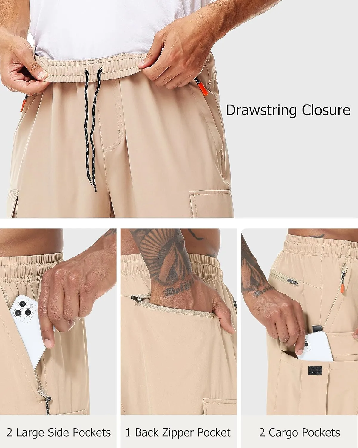 Mens Hiking Cargo Pants Lightweight Quick Dry Athletic Zipper Pockets Outdoor Pants