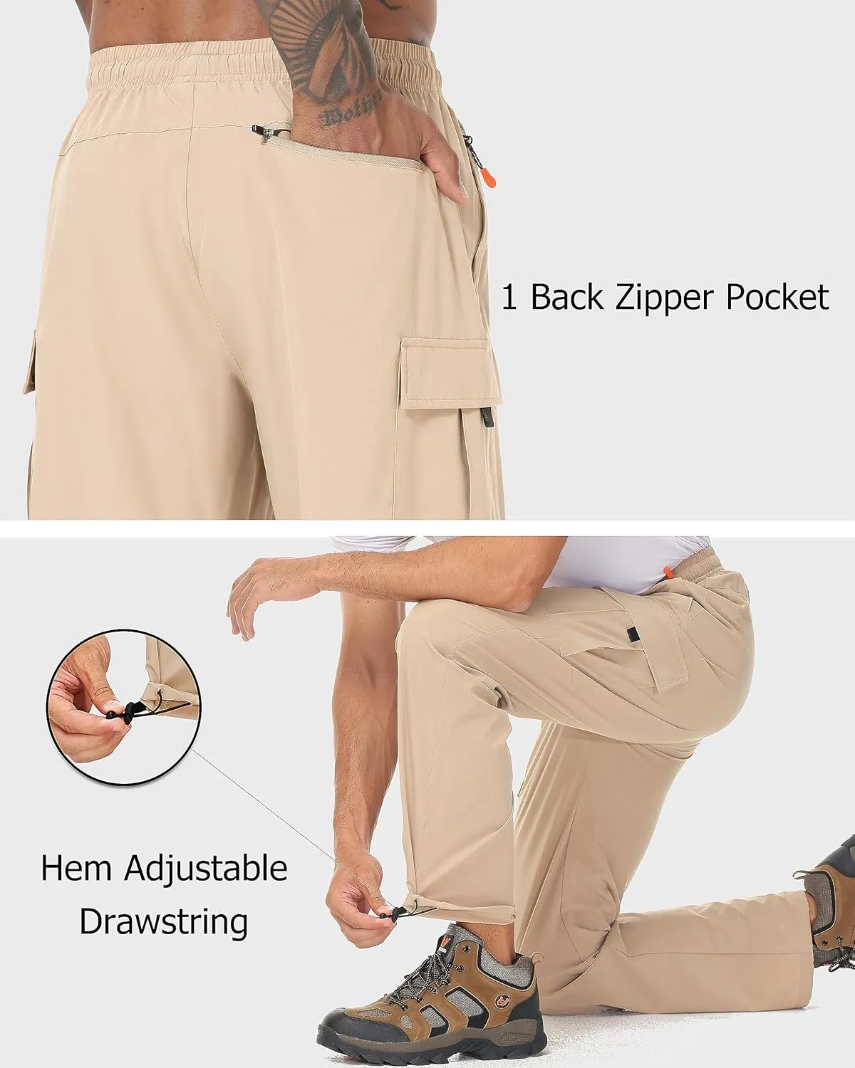 Mens Hiking Cargo Pants Lightweight Quick Dry Athletic Zipper Pockets Outdoor Pants