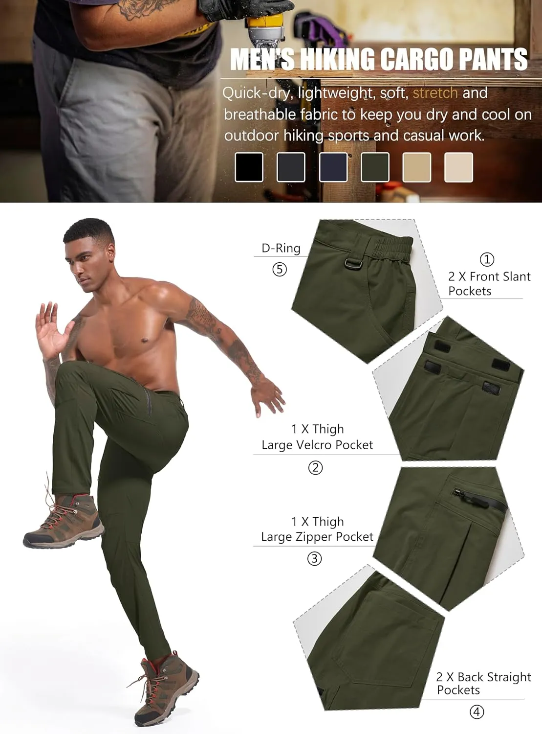 Men's Hiking Cargo Pants Waterproof Lightweight Quick Dry 6 Pockets Stretch Work Fishing Travel Outdoor Pants