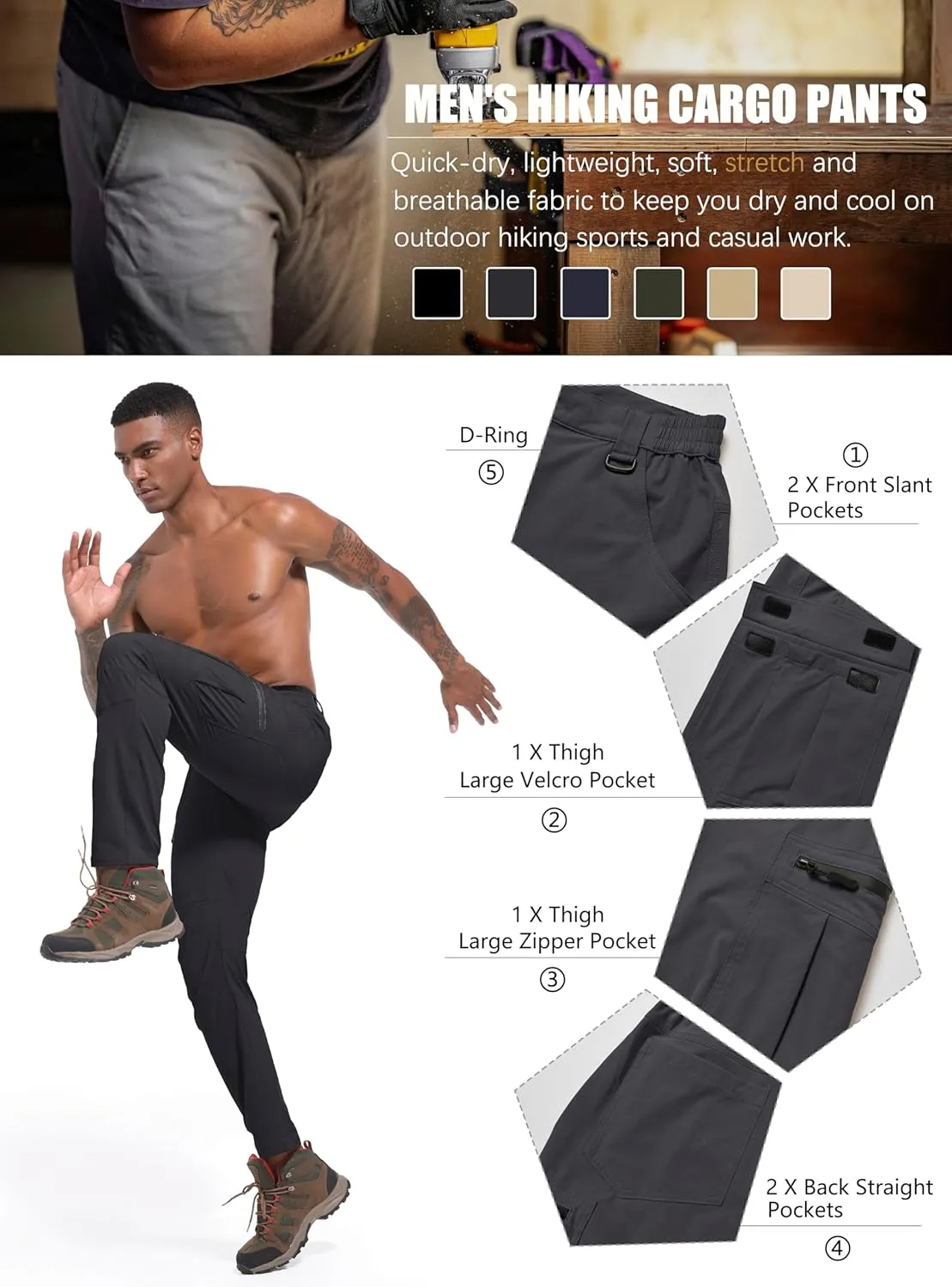 Men's Hiking Cargo Pants Waterproof Lightweight Quick Dry 6 Pockets Stretch Work Fishing Travel Outdoor Pants