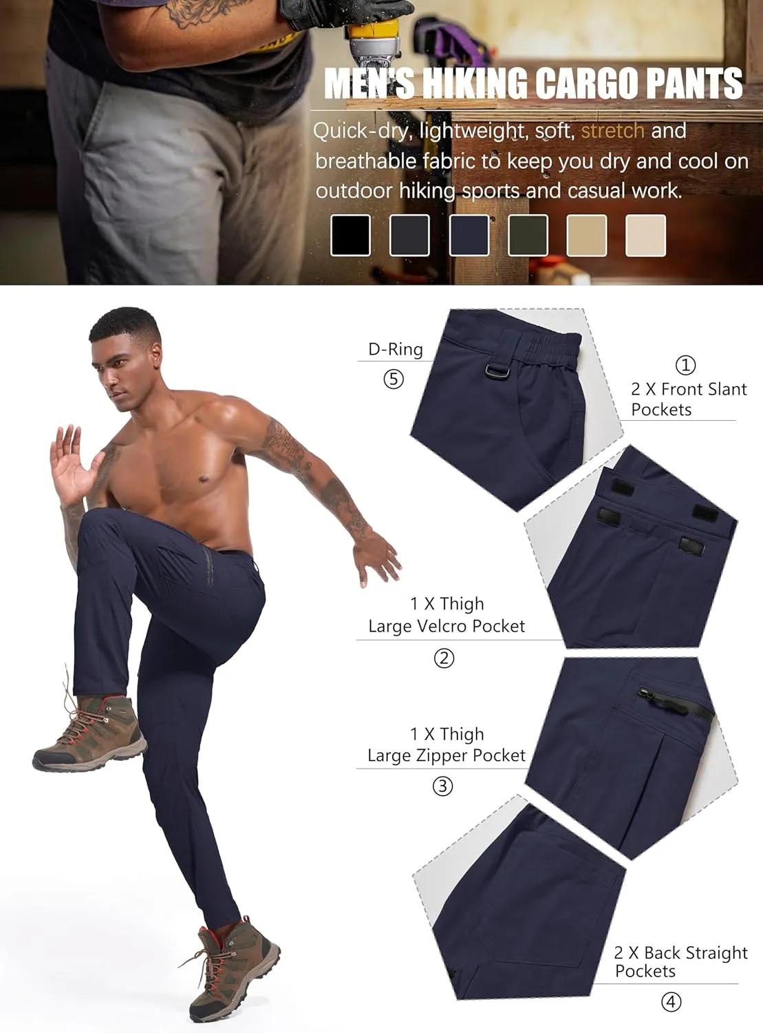 Men's Hiking Cargo Pants Waterproof Lightweight Quick Dry 6 Pockets Stretch Work Fishing Travel Outdoor Pants