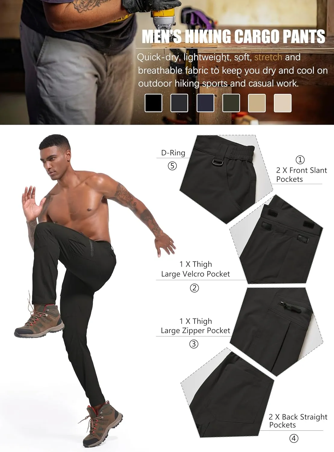 Men's Hiking Cargo Pants Waterproof Lightweight Quick Dry 6 Pockets Stretch Work Fishing Travel Outdoor Pants