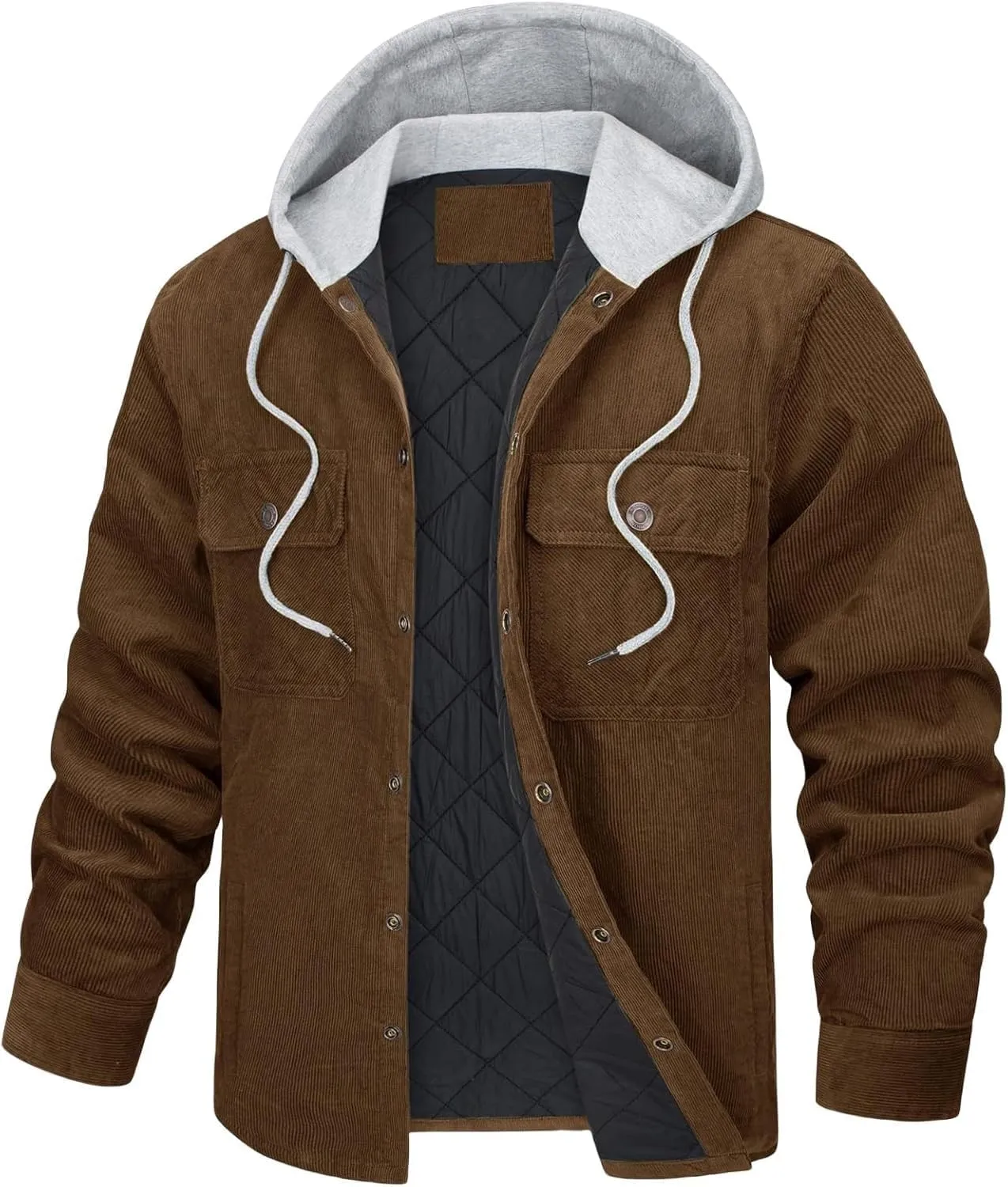 Men's Hooded Corduroy Jacket Quilted Fleece Lined Winter Casual Coat with Adjustable Hood