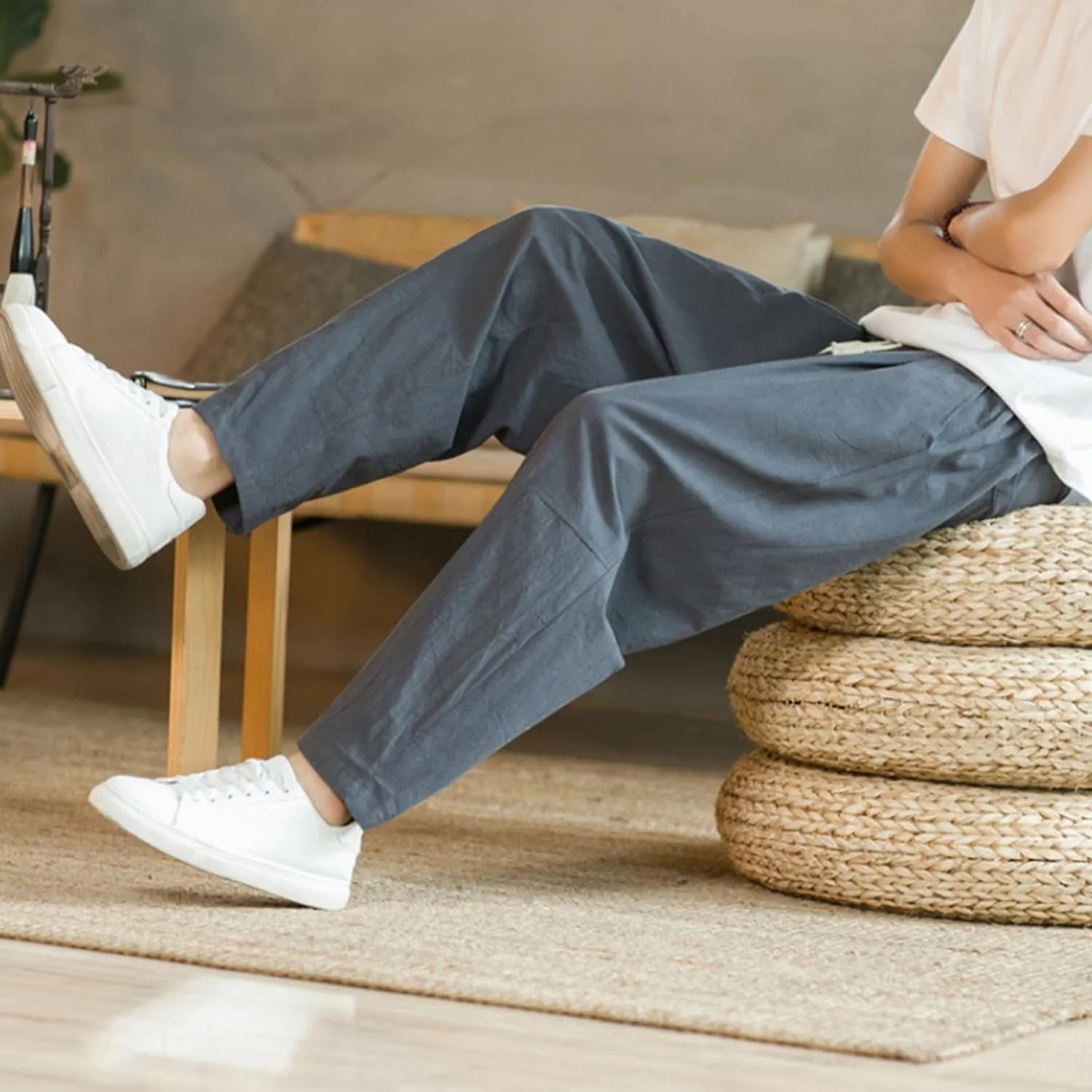 Mens Linen Cotton Pants Casual Drawstring Elastic Waist Beach Loose Fit Trousers Drawstring Loose Open Bottom Yoga Trousers