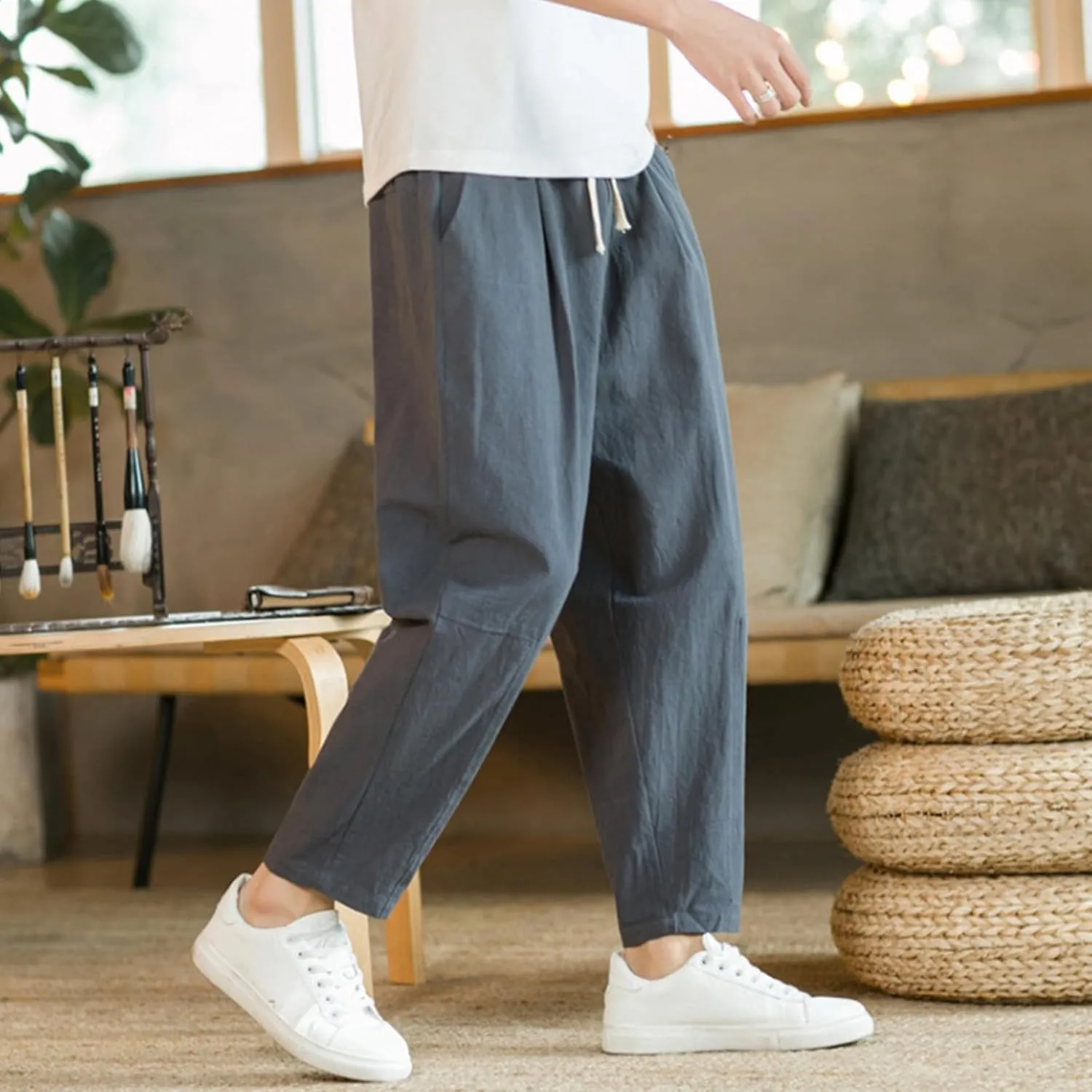 Mens Linen Cotton Pants Casual Drawstring Elastic Waist Beach Loose Fit Trousers Drawstring Loose Open Bottom Yoga Trousers