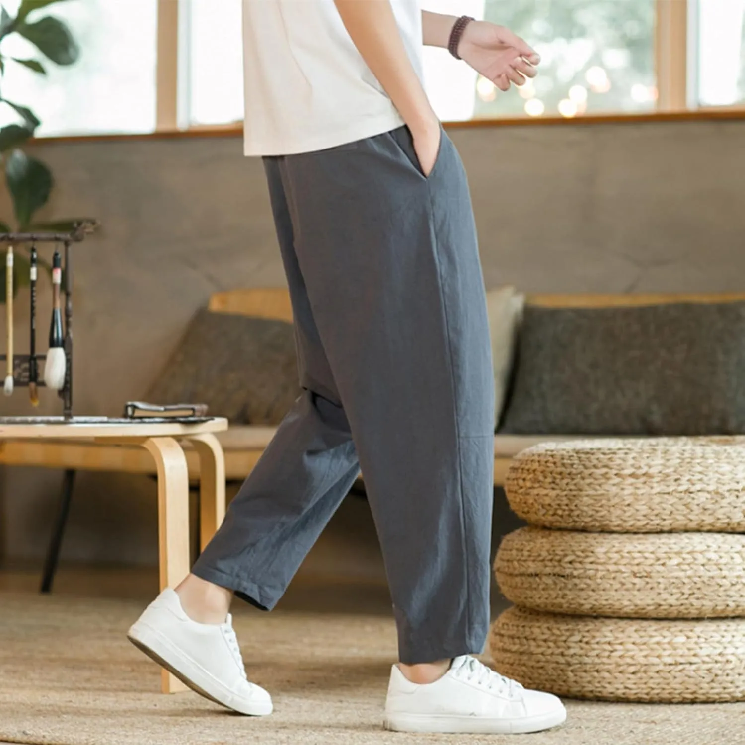 Mens Linen Cotton Pants Casual Drawstring Elastic Waist Beach Loose Fit Trousers Drawstring Loose Open Bottom Yoga Trousers