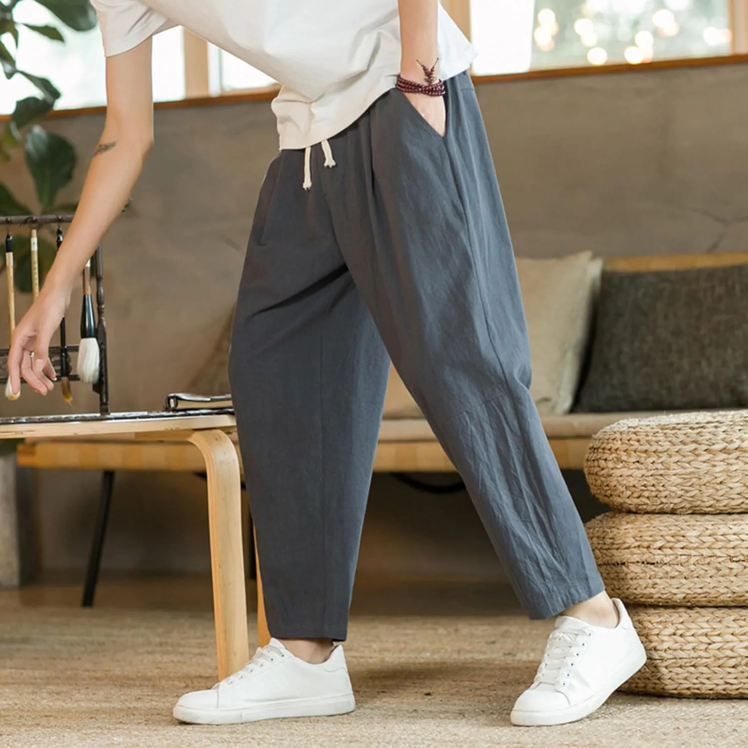 Mens Linen Cotton Pants Casual Drawstring Elastic Waist Beach Loose Fit Trousers Drawstring Loose Open Bottom Yoga Trousers