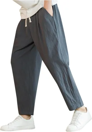 Mens Linen Cotton Pants Casual Drawstring Elastic Waist Beach Loose Fit Trousers Drawstring Loose Open Bottom Yoga Trousers