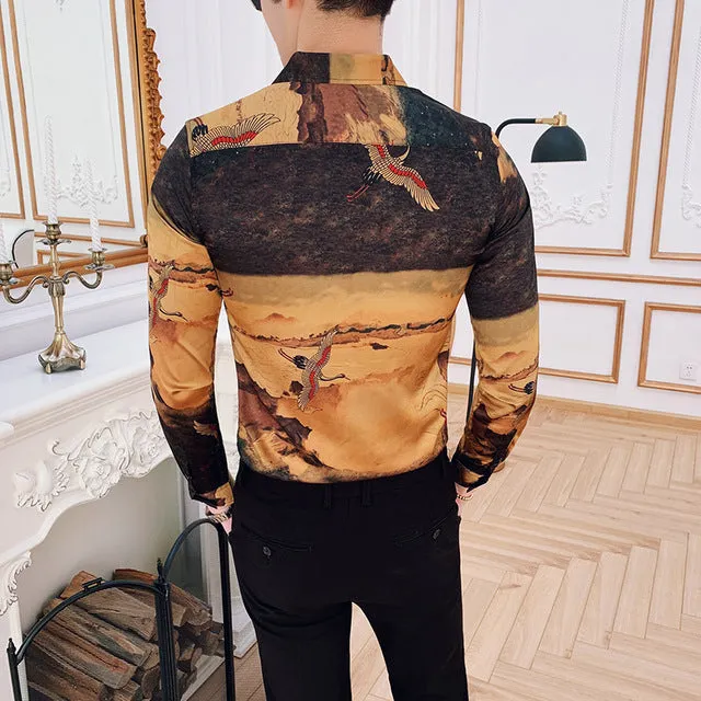 Men's Long Sleeved Slim Fit Shirt With Bird Print