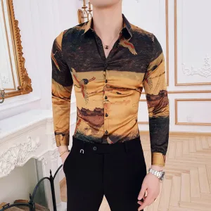 Men's Long Sleeved Slim Fit Shirt With Bird Print